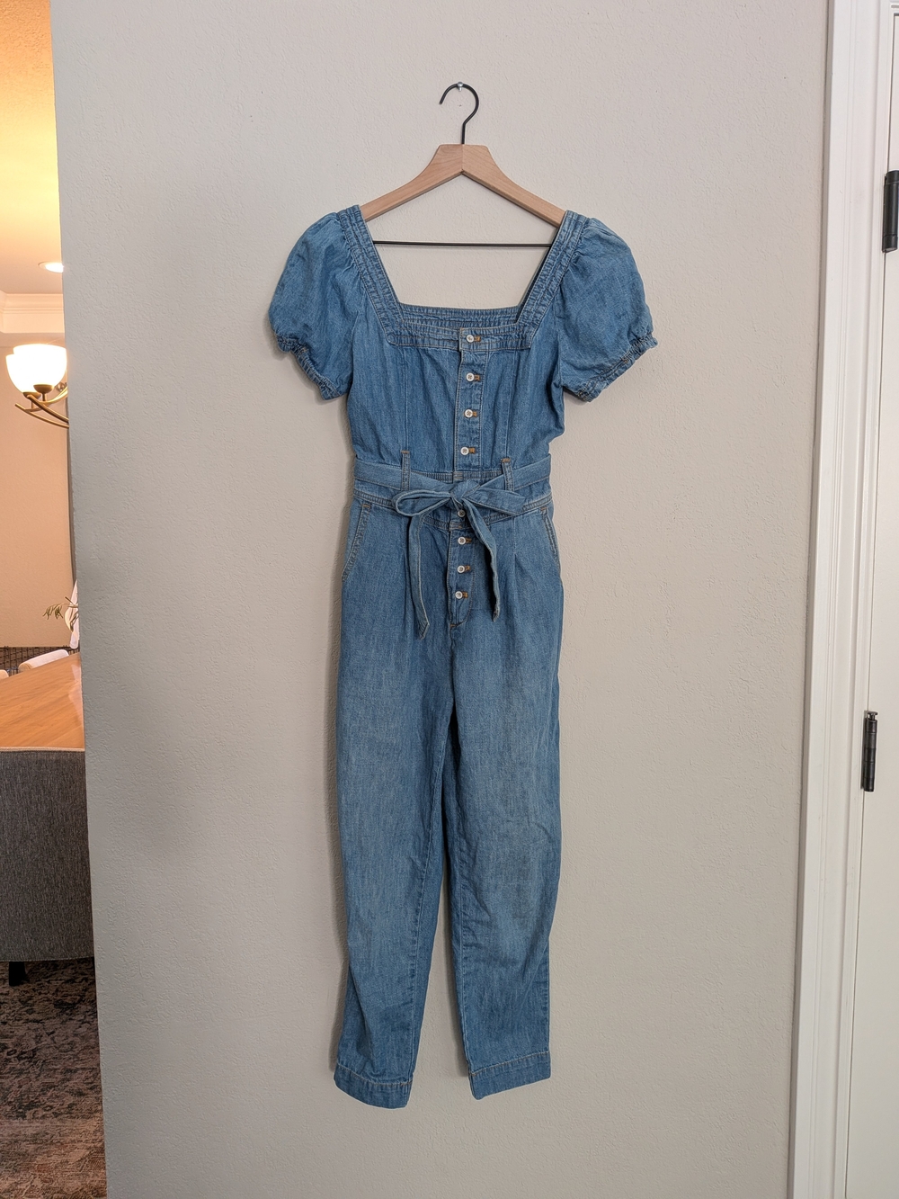 Anthropologie Denim Puff Sleeve Button-Front Jumpsuit with Waist Tie